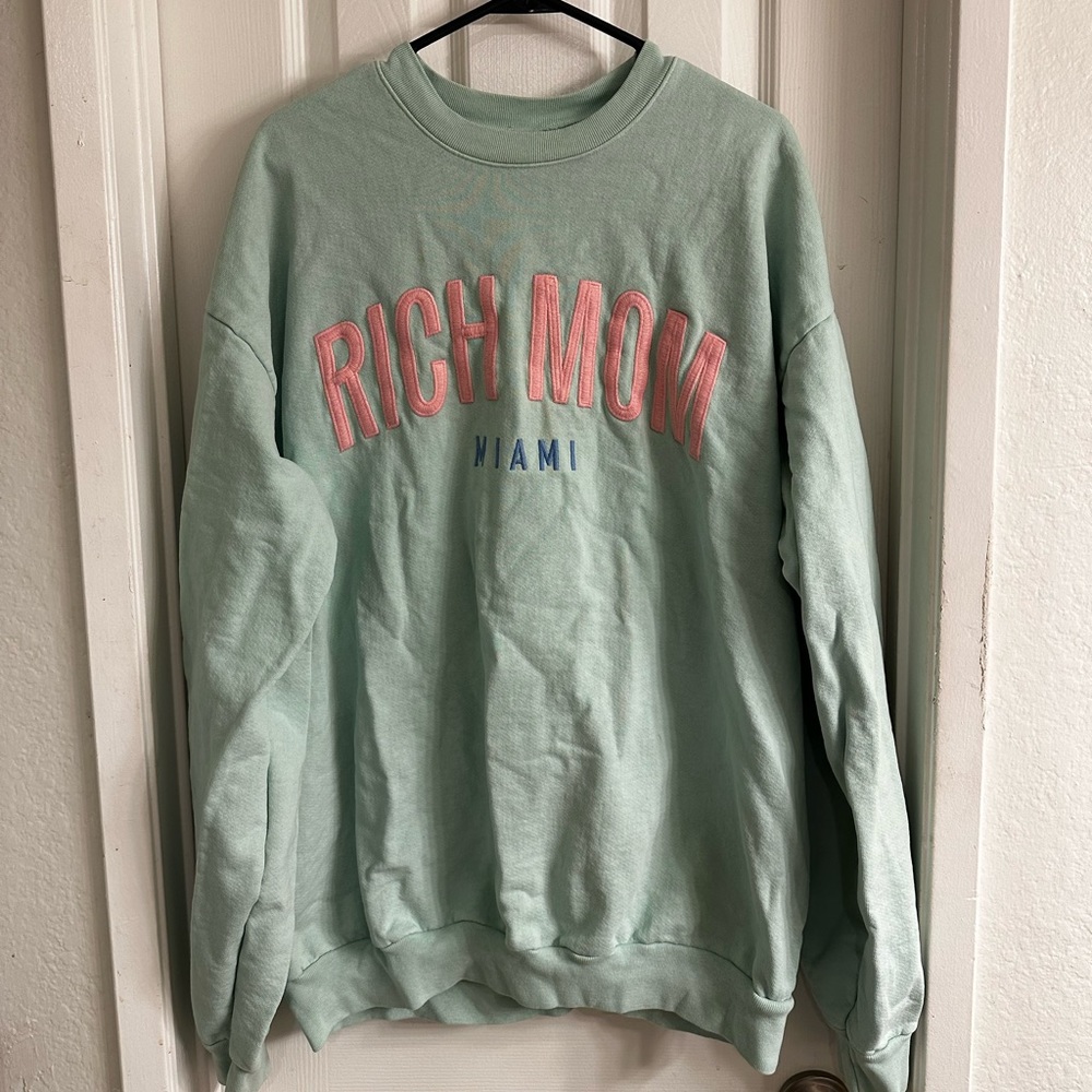 Mint Green Crewneck Sweater with Coral Text